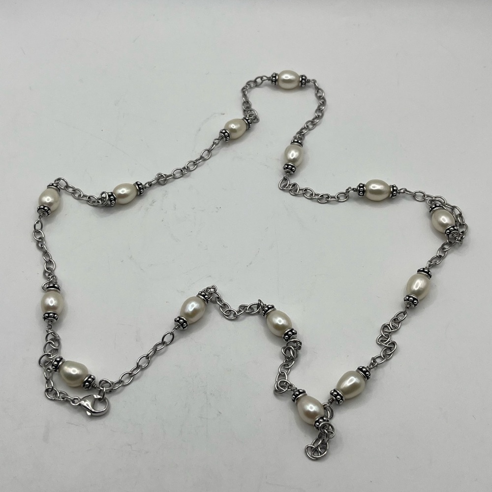 Sterling station necklace with freshwater pearl accents. 36” long - Picture 4 of 5